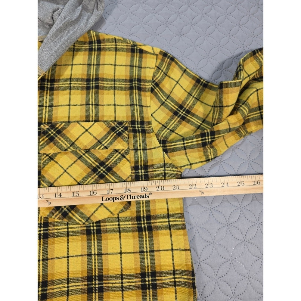 Forever 21 Mens Yellow Black Plaid Hooded Flannel Shirt Button Up Medium - Picture 5 of 8